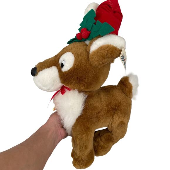Vintage Reindeer Plush Christmas Stuffed Animal Wearing Santa Hat Toy TAGS - Picture 1 of 13